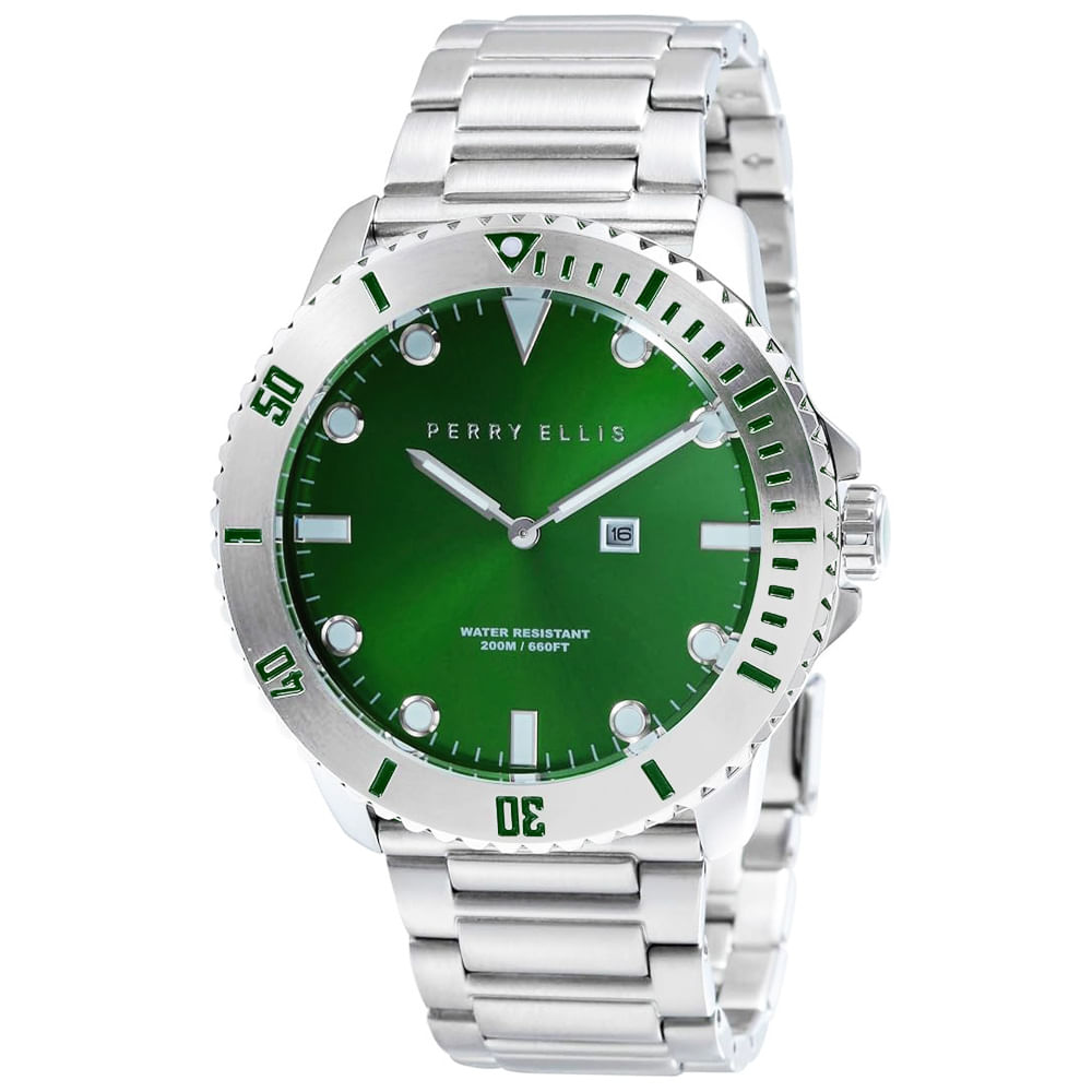 Reloj Perry Ellis Deep Diver 46 02003-02 Fecha Acero Inoxidable Dial Verde