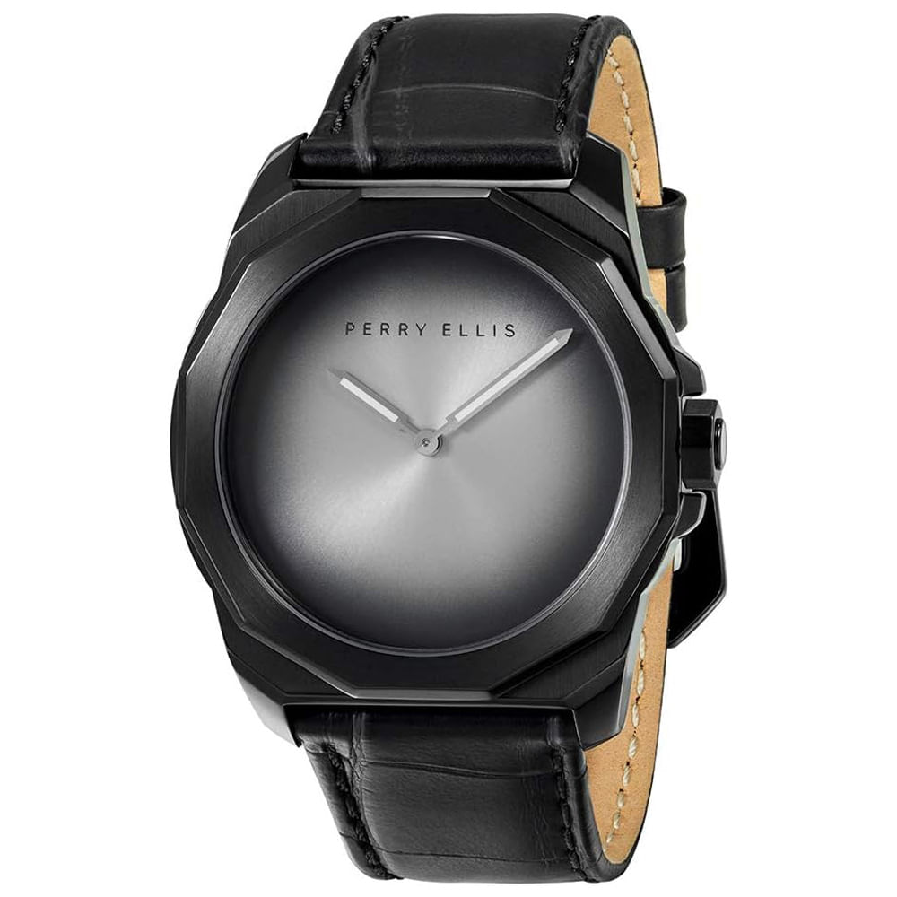 Reloj Perry Ellis Decagon Fading 10003-01 Correa de Cuero Negro Dial Gris