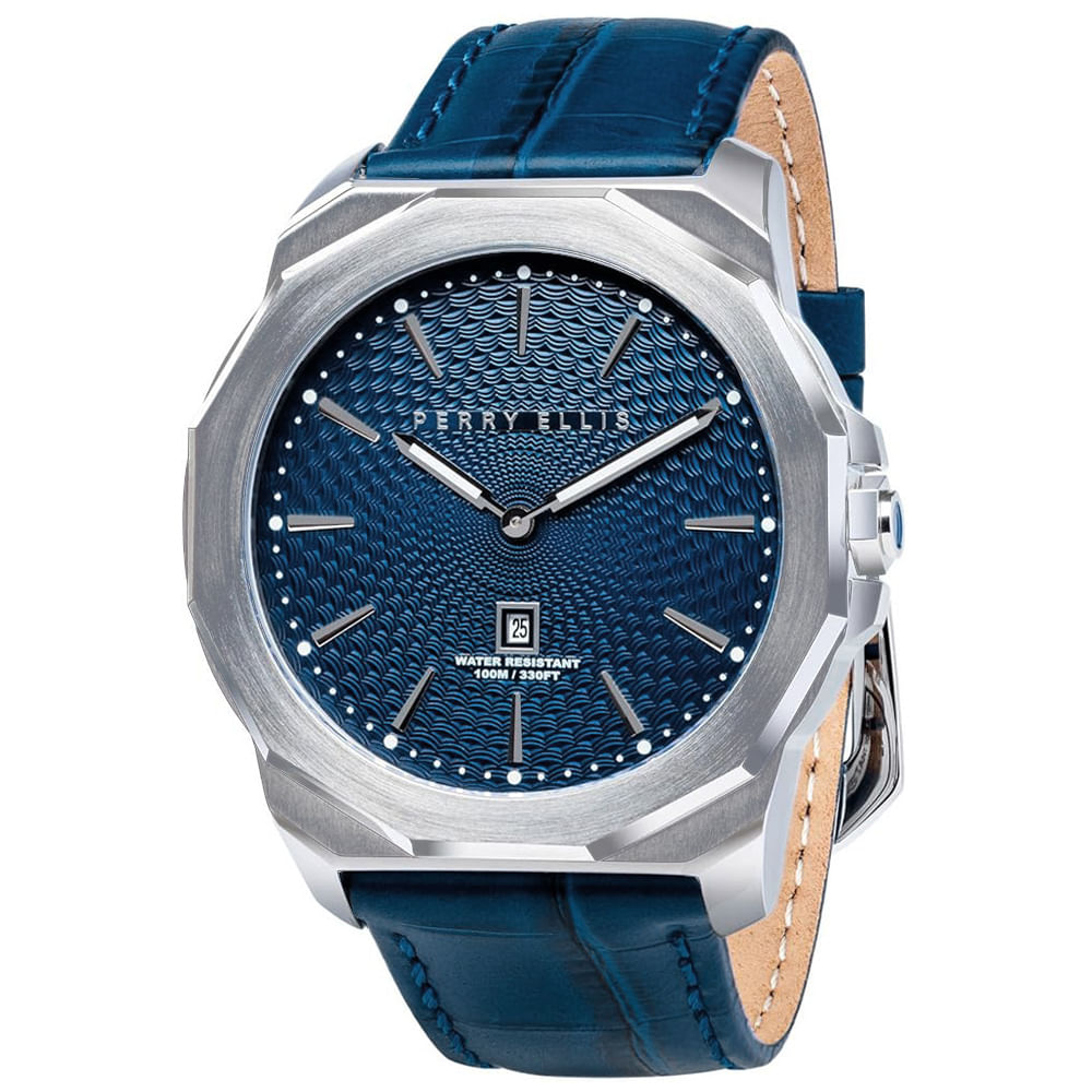 Reloj Perry Ellis Decagon 46 05001-01 Fecha Correa de Cuero y Dial Azul