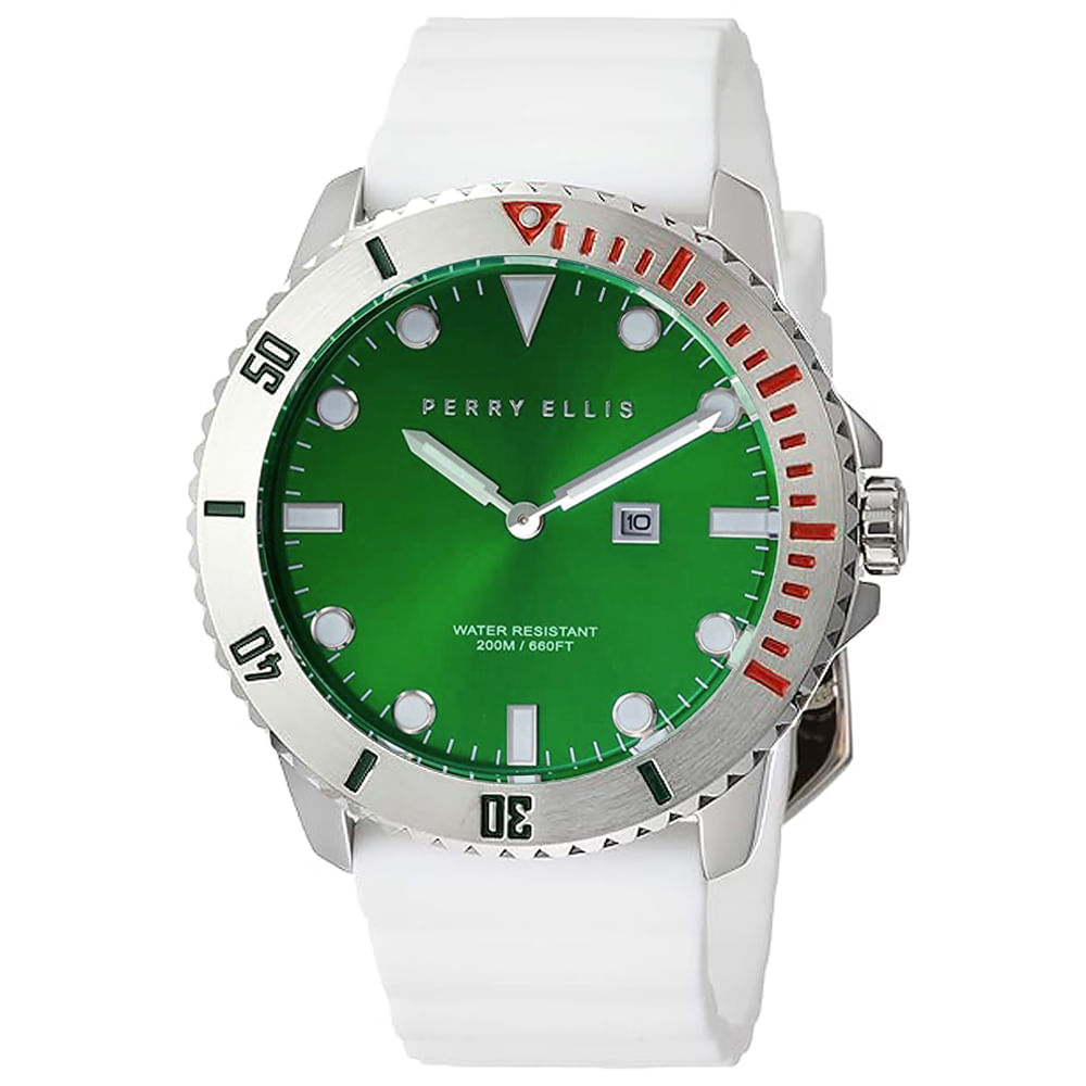 Reloj Perry Ellis Deep Diver 46 02003-03 Fecha Correa de Silicona Blanco Dial Verde