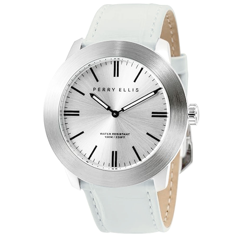 Reloj Perry Ellis Slim Line 46 03013-01 Correa de Cuero Blanco Dial Plateado