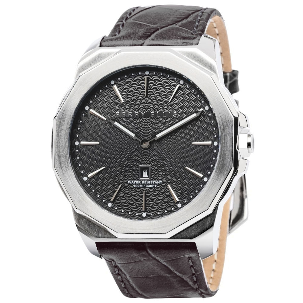 Reloj Perry Ellis Decagon 46 05005-01 Fecha Correa de Cuero Marrón Dial Gris Oscuro