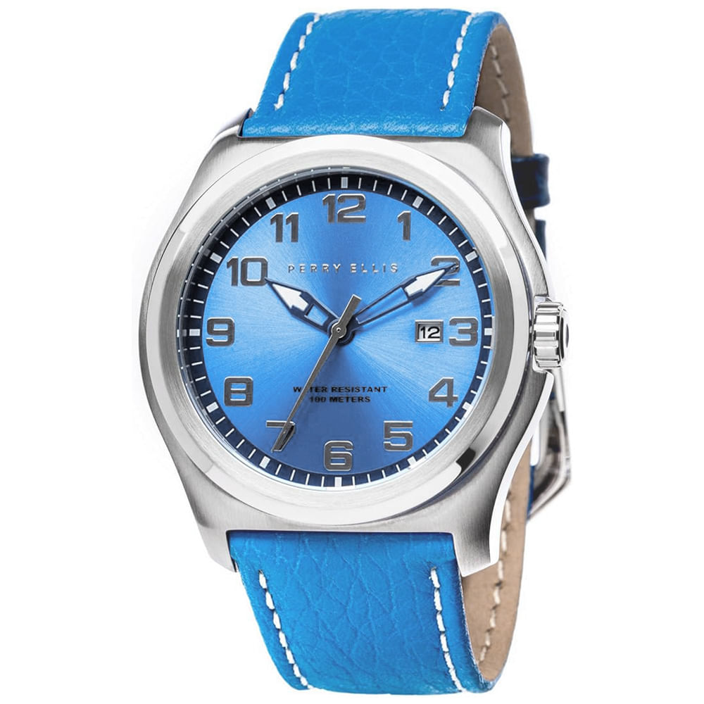 Reloj Perry Ellis Memphis 04007-01 Fecha Correa de Cuero y Dial Celeste
