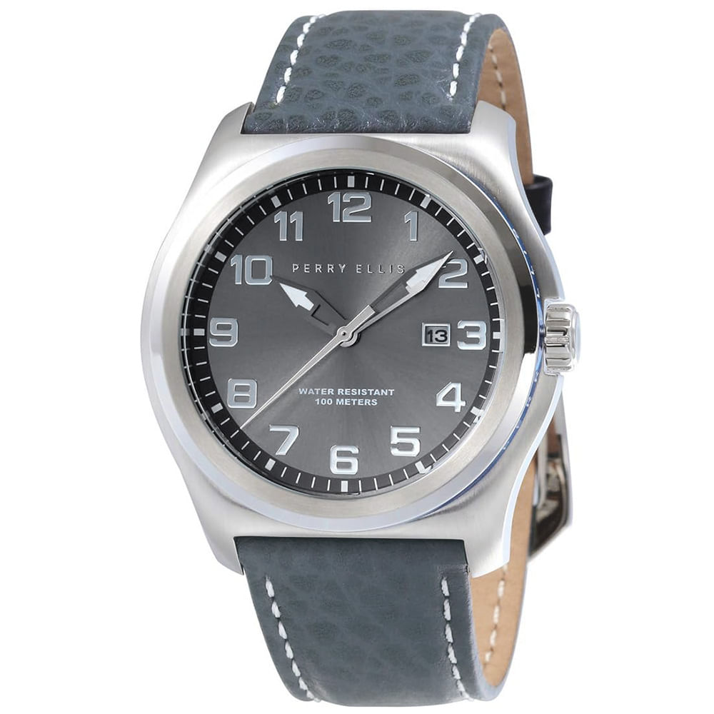 Reloj Perry Ellis Memphis 04010-01 Fecha Correa de Cuero y Dial Gris