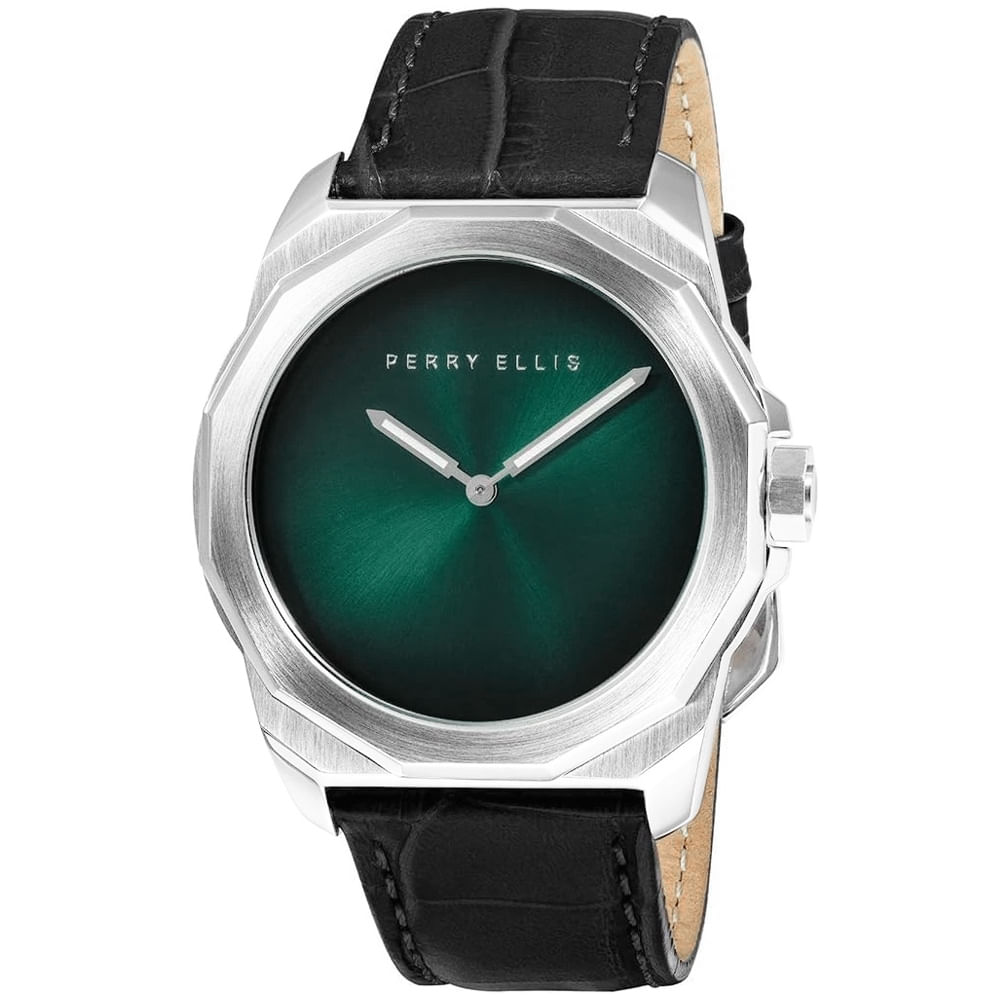 Reloj Perry Ellis Decagon Fading 10007-01 Correa de Cuero Negro Dial Verde