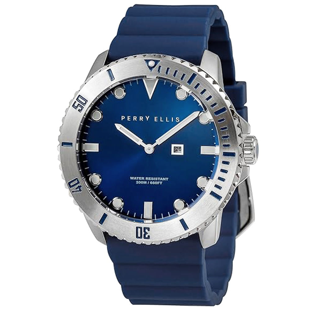 Reloj Perry Ellis Deep Diver 46 02002-03 Fecha Correa de Silicona y Dial Azul