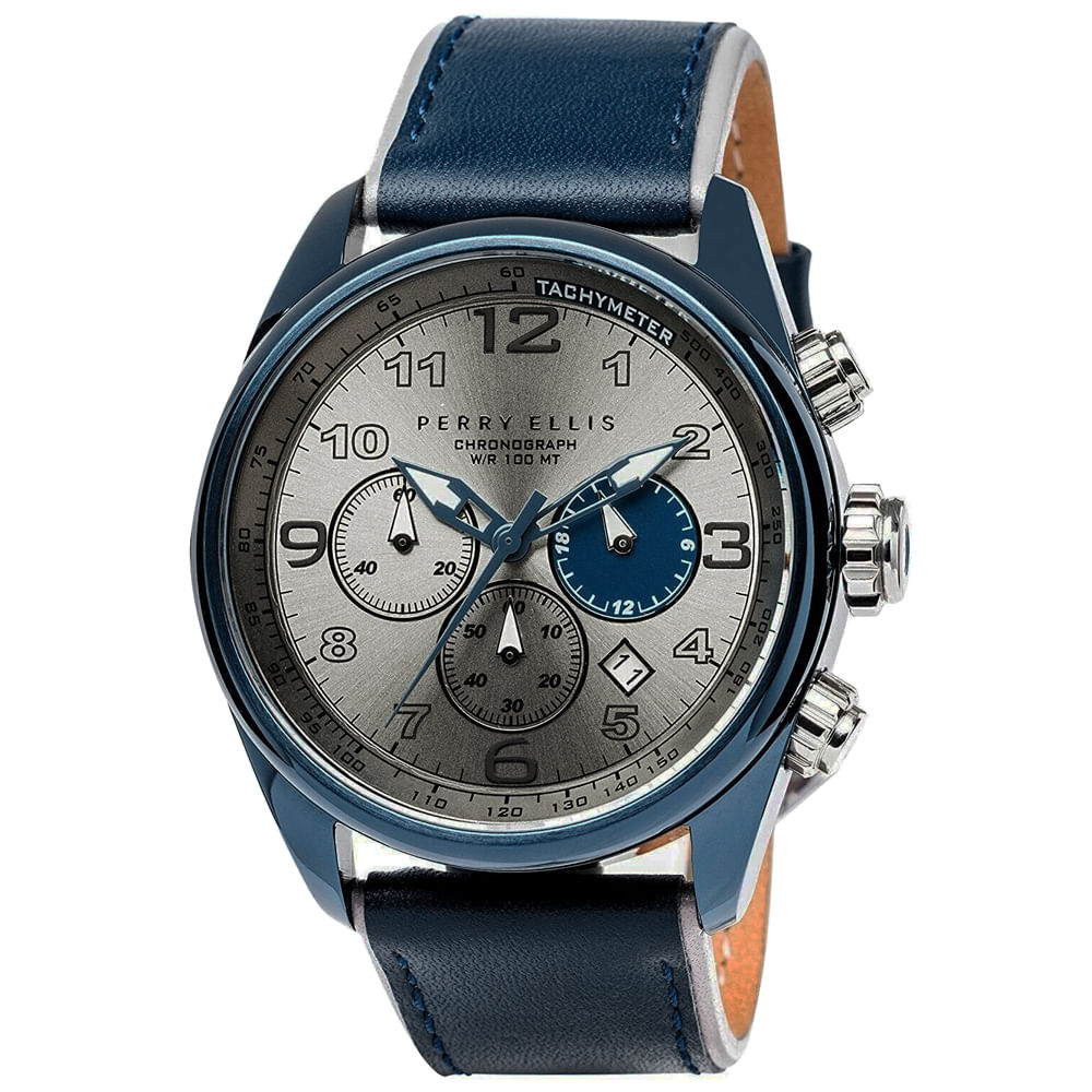 Reloj Perry Ellis GT 01005-01 Fecha Cronómetro Correa Cuerp Azul Dial Gris