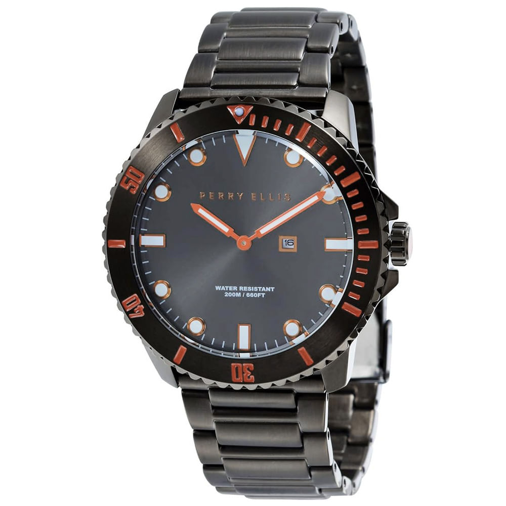 Reloj Perry Ellis Deep Diver 46 02004-02 Fecha Acero Inoxidable Gunmetal