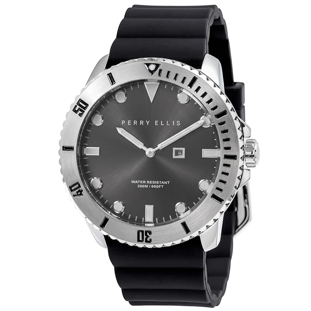 Reloj Perry Ellis Deep Diver 46 02001-03 Fecha Correa de Silicona Negro Dial Gris Oscuro