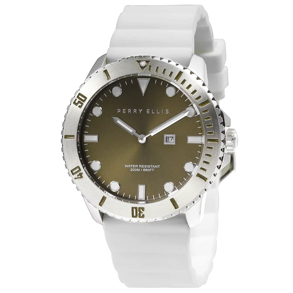 Reloj Perry Ellis Deep Diver 42 06003-03 Fecha Correa de Silicona Blanco Dial Verde
