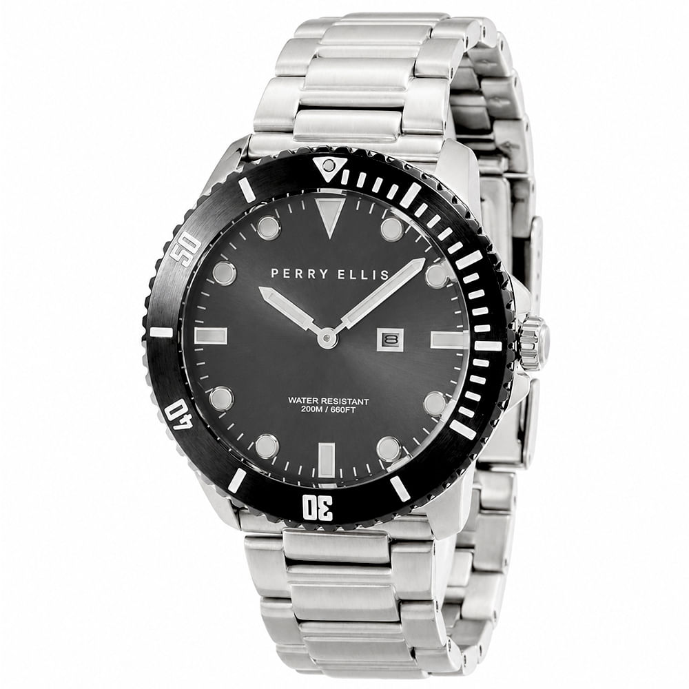 Reloj Perry Ellis Deep Diver 42 06004-02 Fecha Acero Inoxidable Dial Negro