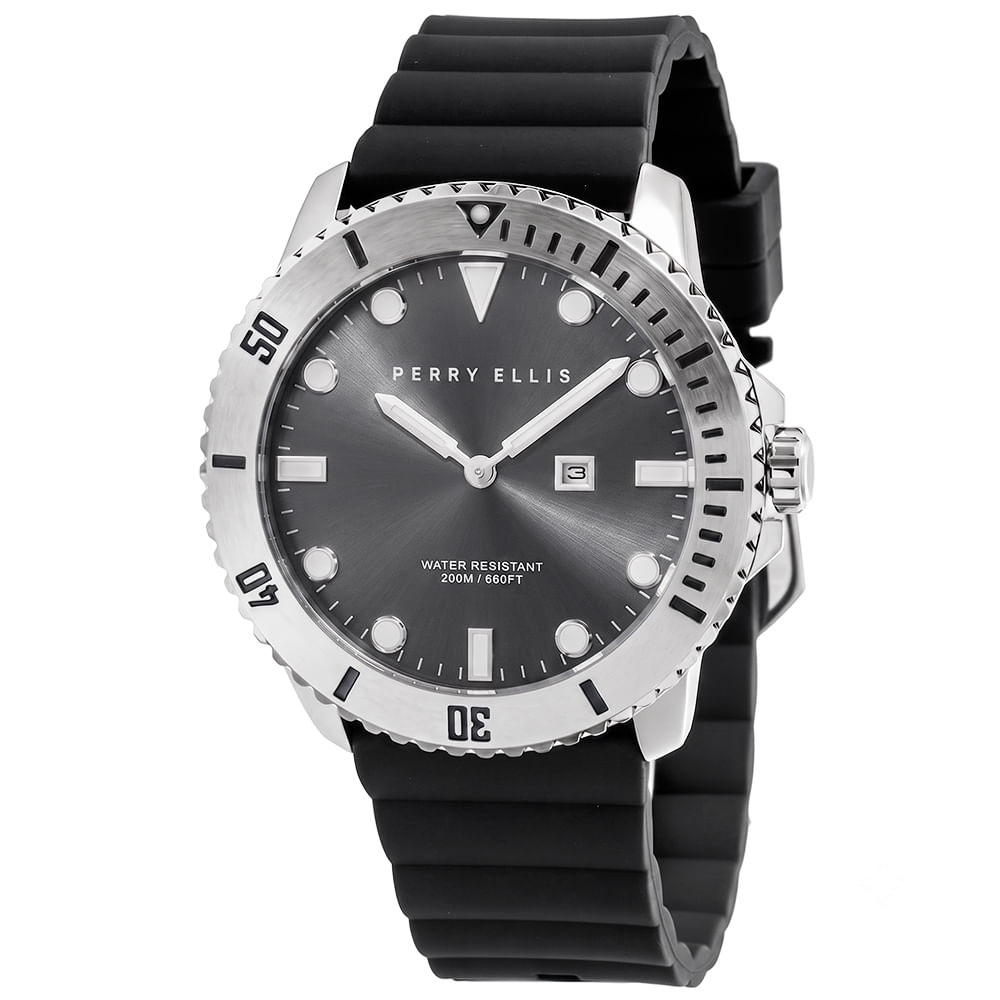 Reloj Perry Ellis Deep Diver 42 06001-03 Fecha Correa de Silicona Negro Dial Gris Oscuro