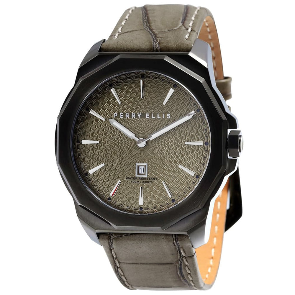 Reloj Perry Ellis Decagon 46 05008-01 Fecha Acero Inoxidable Correa de Cuero y Dial Beige Verdoso