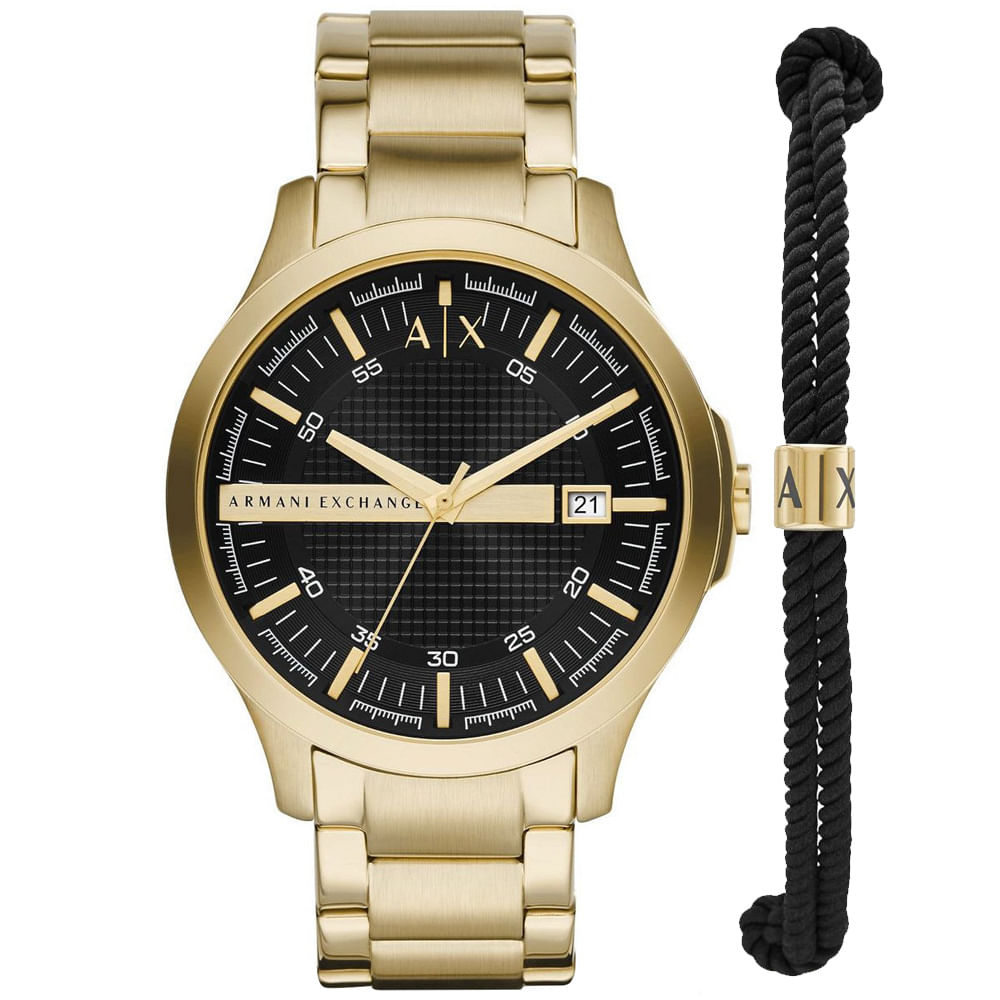 Reloj Armani Exchange Hampton AX7124 Set con Pulsera Fecha Acero Inoxidable Dorado Dial Negro