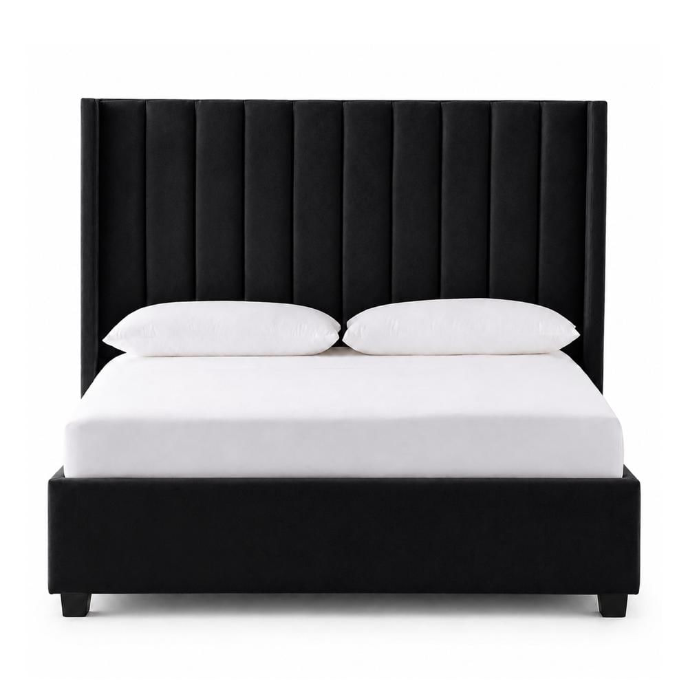 Cama Tapizada Listón con Patas de Madera LeMueble 2 Plazas Negro