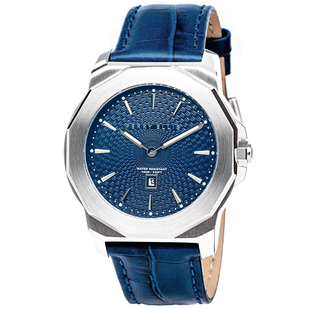 Reloj Perry Ellis Decagon 42 08001-01 Fecha Correa de Cuero y Dial Azul