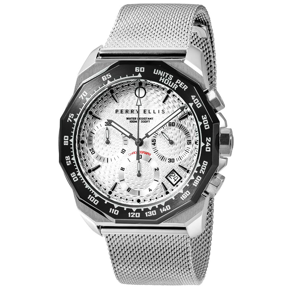 Reloj Perry Ellis Decagon GT 09006-04 Fecha Cronómetro Acero Inoxidable Dial Plateado