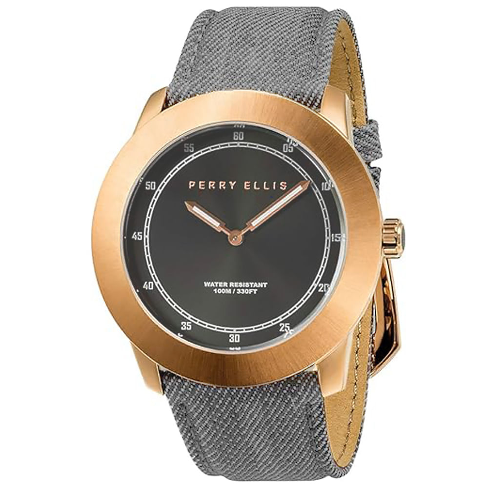 Reloj Perry Ellis New Slim Line 11002-05 Correa de Cuero y Denim Gris Dial Gris Oscuro