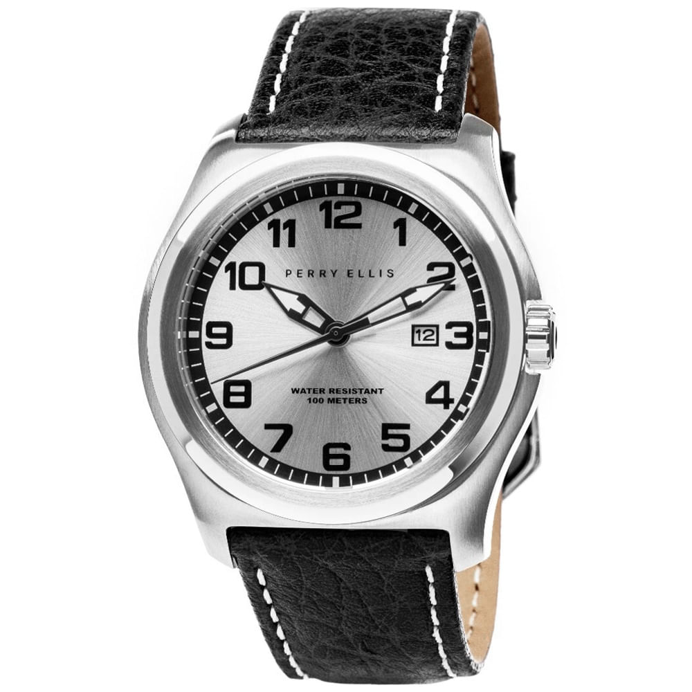 Reloj Perry Ellis Memphis 04002-01 Fecha Correa de Cuero Negro Dial Plateado