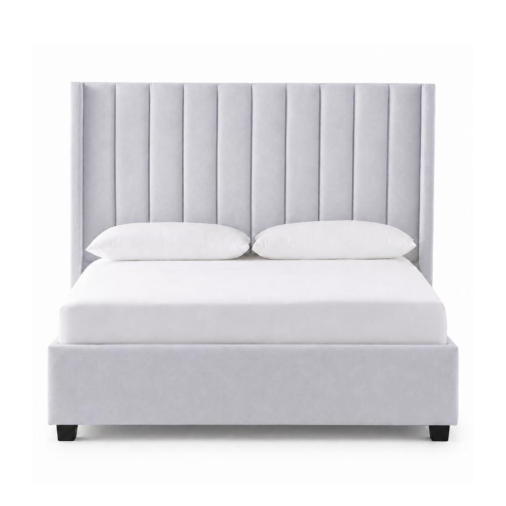 Cama Tapizada Listón con Patas de Madera LeMueble Queen Gris Claro