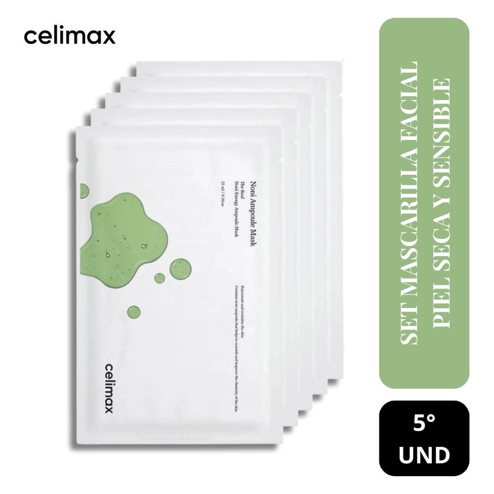 Set Mascarilla Facial Piel Seca y Sensible - Celimax The Real Noni Energy Ampoule Mask 5und
