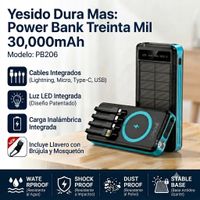Power Bank Yesido 30000mAh con Cables Integrados Carga Rápida y Linterna LED.