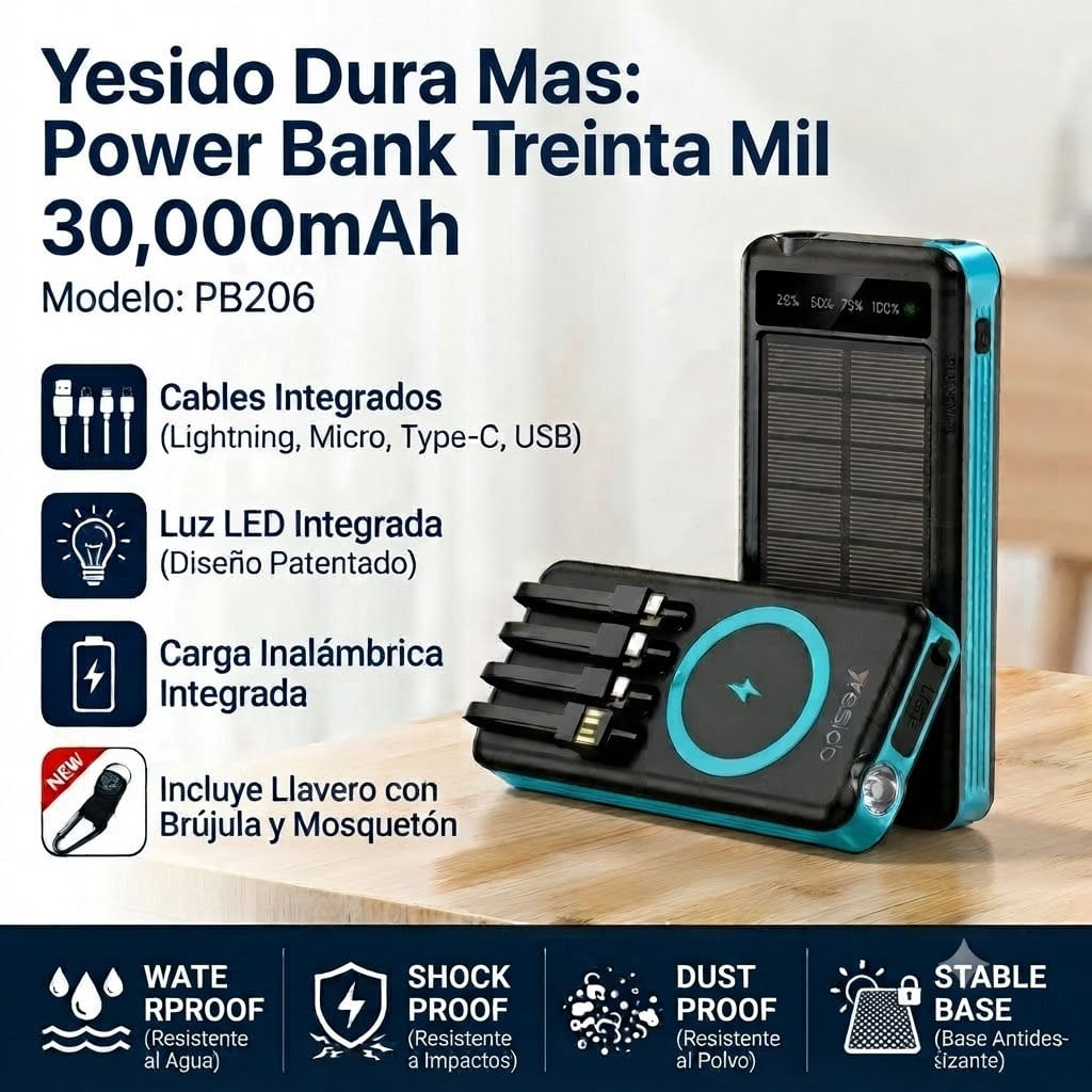 Power Bank Yesido 30000mAh con Cables Integrados Carga Rápida y Linterna LED