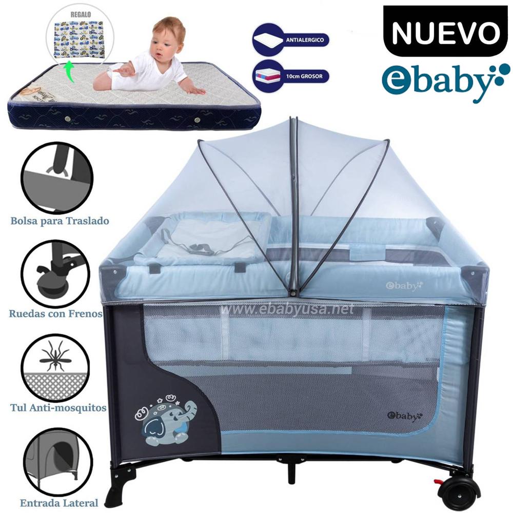 Cuna Corral Ebaby Con Cambiador Happy Dream Celeste y Colchón Azul