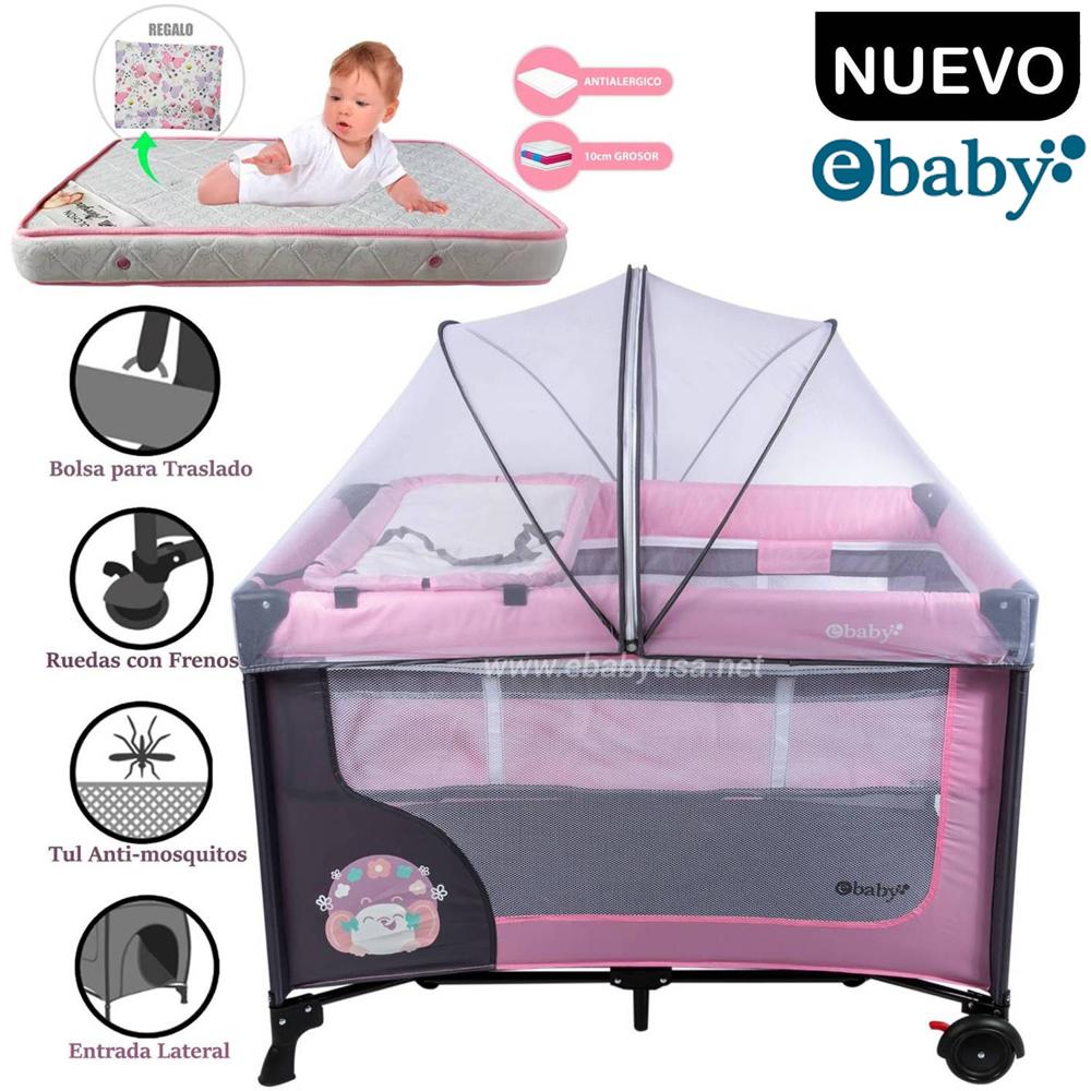 Cuna Corral Ebaby Con Cambiador Happy Dream Rosado y Colchón Rosado