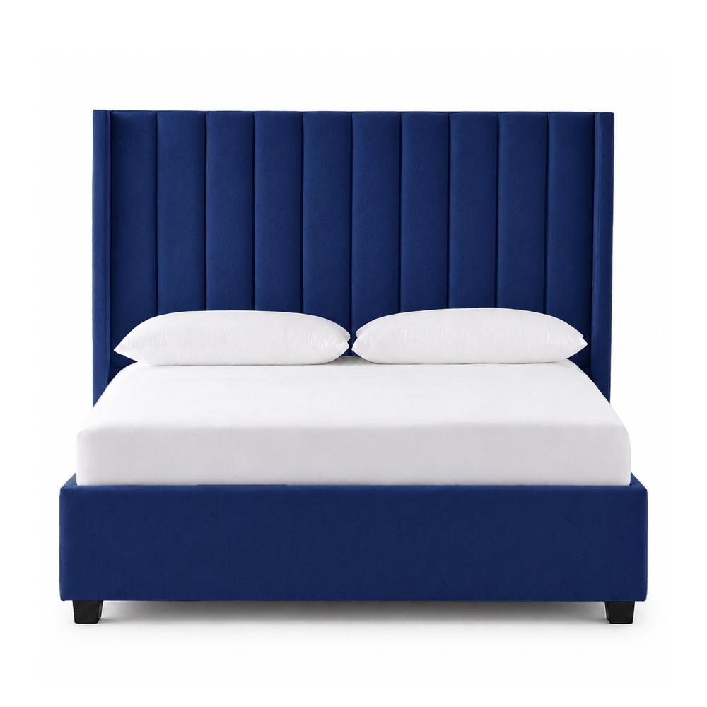 Cama Tapizada Listón con Patas de Madera LeMueble Azul 1.5 Plz