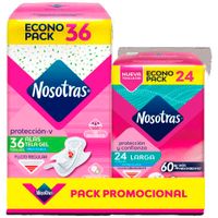 Toallas Higiénicas NOSOTRAS Alas Tela Gel Paquete 36un + NOSOTRAS Larga Paquete 24un