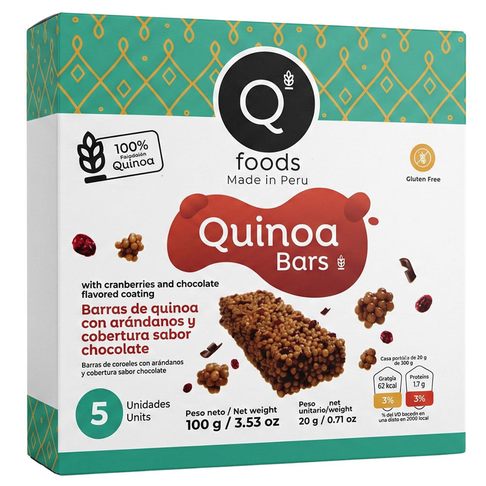 Barra de Quinua QFOODS de Arándanos y Chocolate Caja 5un