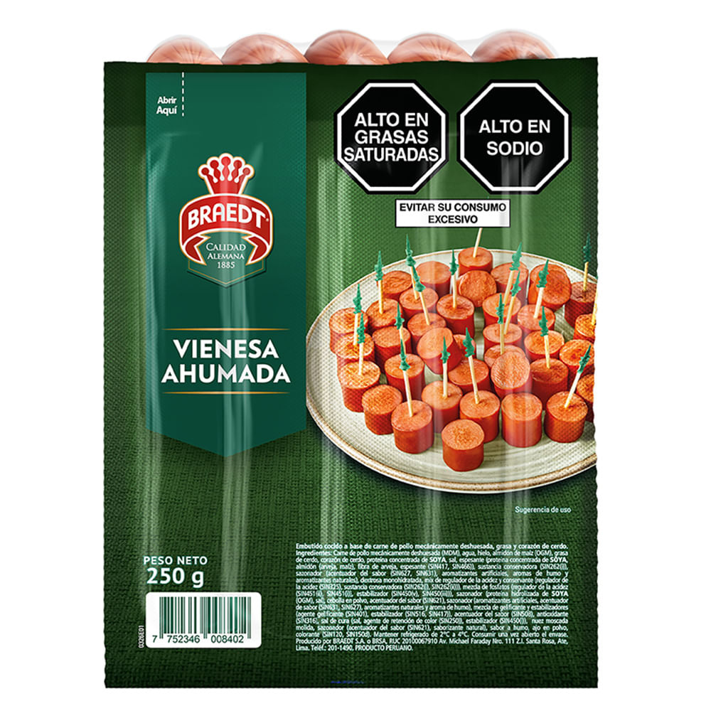 Salchicha Vienesa Ahumada BRAEDT Paquete 250g