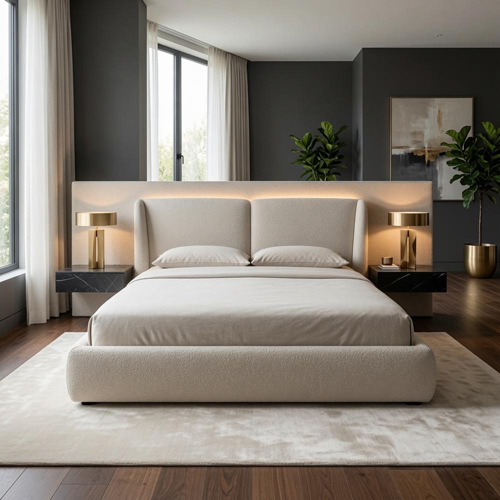 Cama Box Alina con Alero 2 Plazas Beige Claro Tarima + Cabecera TU MESITA