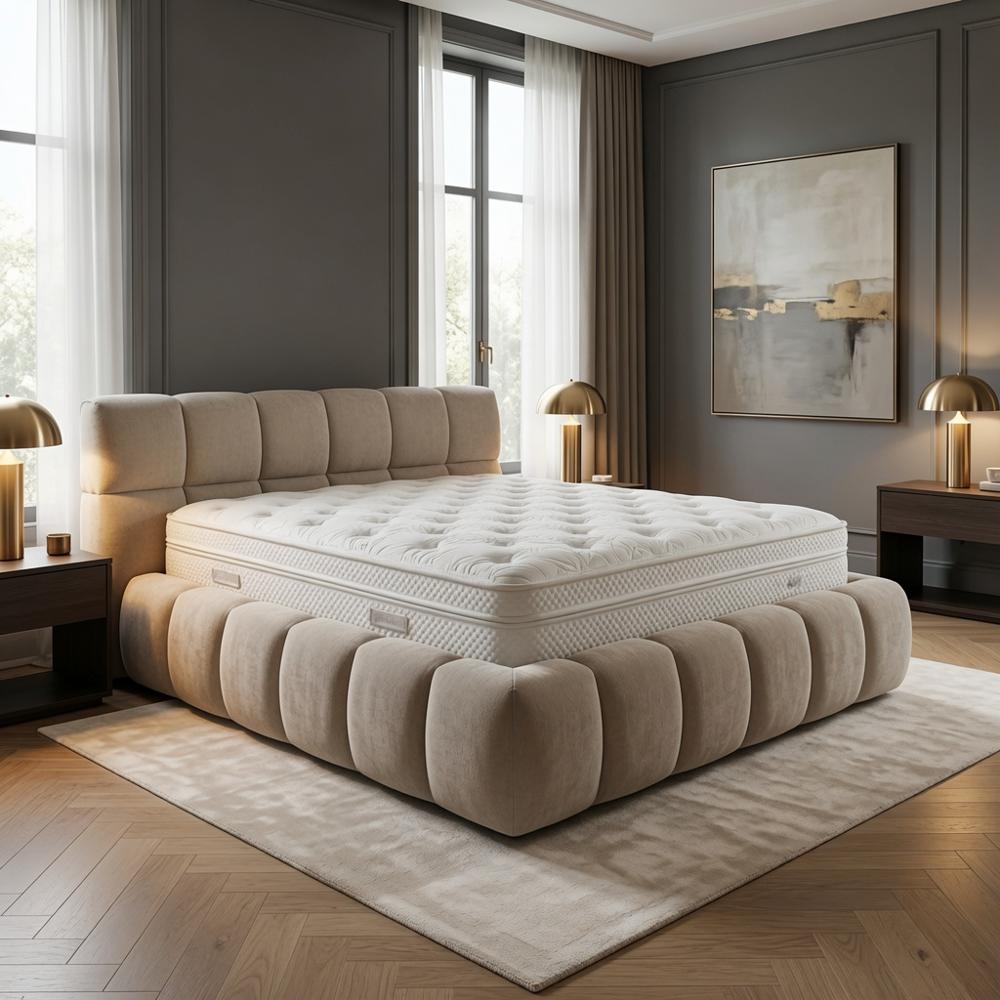 Cama Box Kiara 2 Plazas Beige Sofisticado Tarima + Cabecera TU MESITA