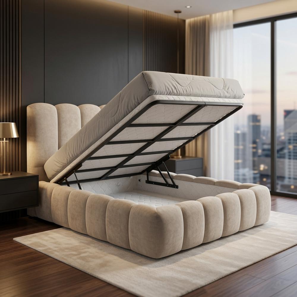 Cama Box Oriana Hidráulica King Beige Tarima + Cabecera + Sistema Hidráulico TU MESITA