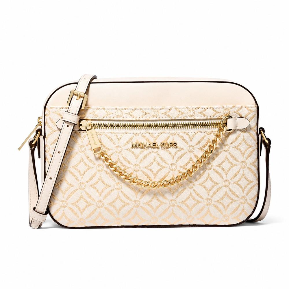 CARTERA MICHAEL KORS BLANCO CROSSBODY CUADRADA MONOGRAFIADA CON DORADO