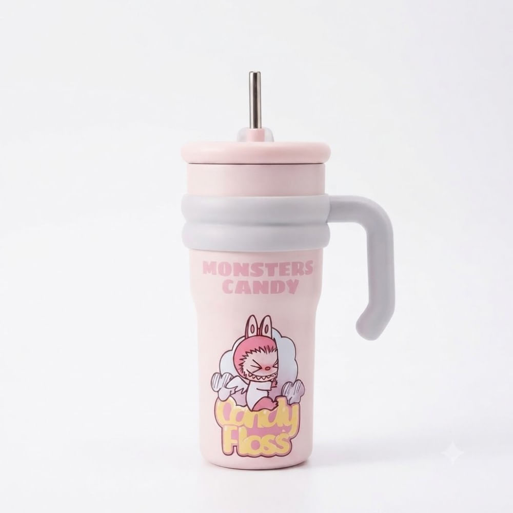 Toma Todo Térmico Labubu Monster Candy Floss Rosa Pastel 700ml con Pajita Metal