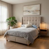 Cama Box Amelie Clasic Queen Beige Minimalista Tarima + Cabecera