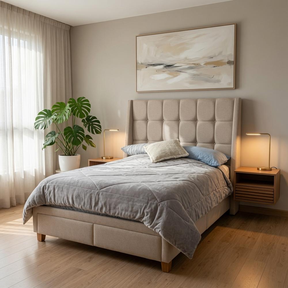 Cama Box Amelie Clasic Queen Beige Minimalista Tarima + Cabecera