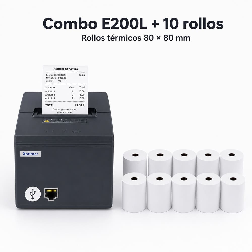 Impresora ticketera térmica ticket 80mm usb lan E200L con 10 rollos 80x80mm