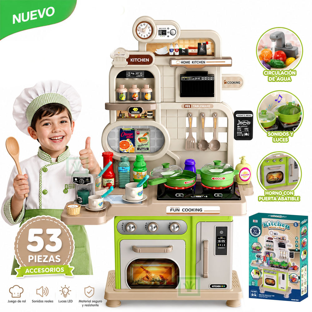 Juguete Cocina Interactiva Verde 53 Piezas Con Sonidos Luces y Agua