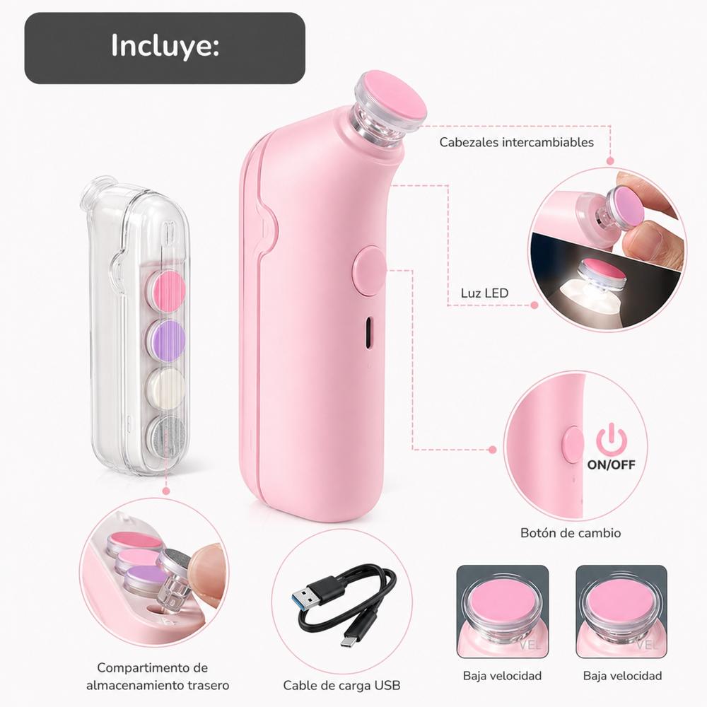 Pulidor de Uñas Recargable para Bebé Color Rosado con Luz LED Lima Eléctrica Silenciosa y Segura