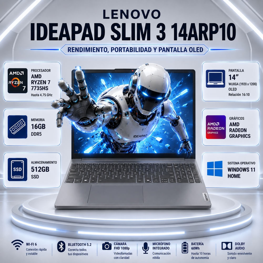 Laptop Lenovo IdeaPad Slim 3 14ARP10 Ryzen 7 7735HS 16GB 512GB SSD 14 WUXGA OLED 83K600EPLM