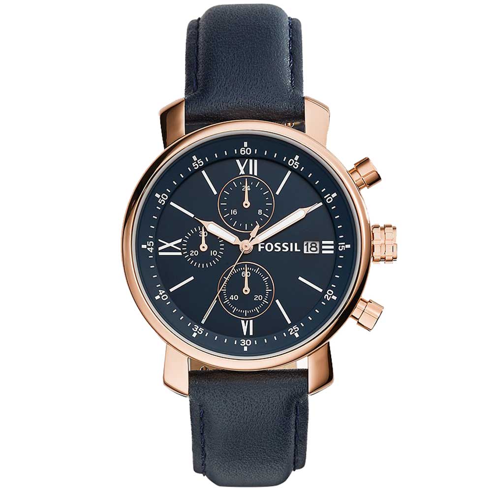 Reloj Fossil Rhett BQ1704 Fecha Cronómetro Acero Rose Gold Correa de Cuero y Dial Azul