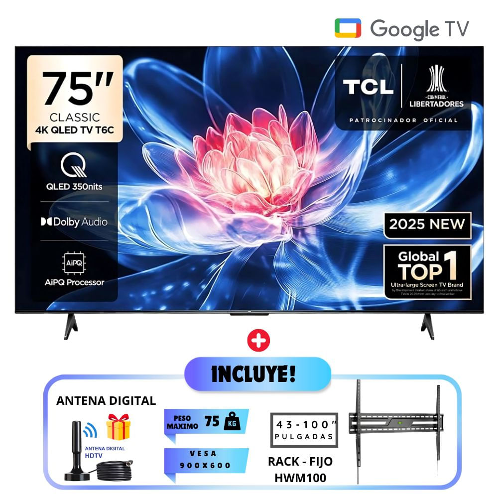 Televisor TCL QLED 75 UHD 4K Smart TV GOOGLE 75T6C - RACK FIJO