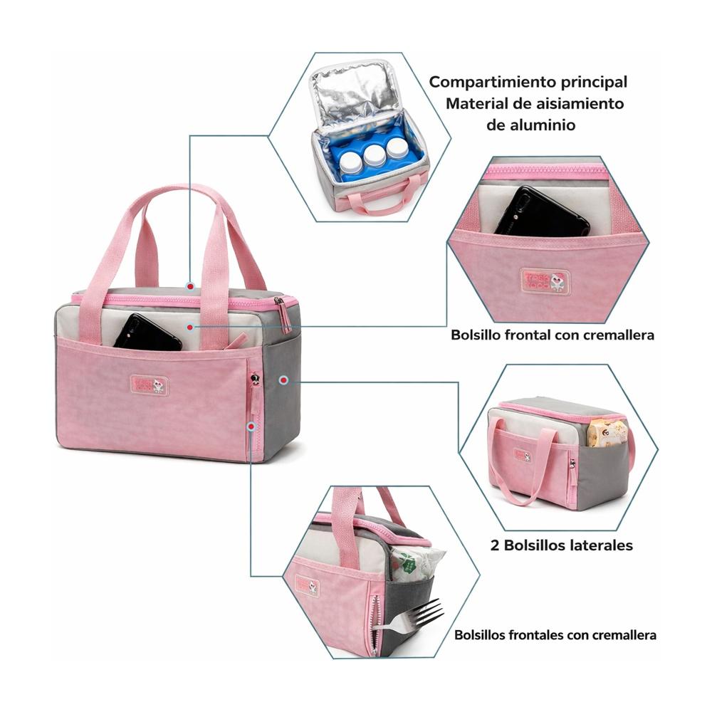 Bolso de Lactancia Térmico Cooler Bag rosada + 2 Refrigerantes + 3 Frascos Almacenamiento Portátil