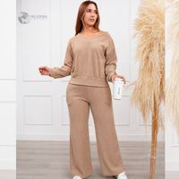 Conjunto Dama 2 Piezas Chompa Cuello V y Pantalón Palazzo con Bolsillos color Camello