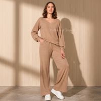Conjunto Invierno Mujer 2 piezas Unicolor Chompa y Palazzo Textura Suave color camello