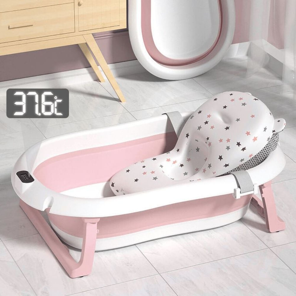 BAÑERA PLEGABLE CON TERMÓMETRO + COJÍN MODELO CLÁSICO - ROSADO Rosado